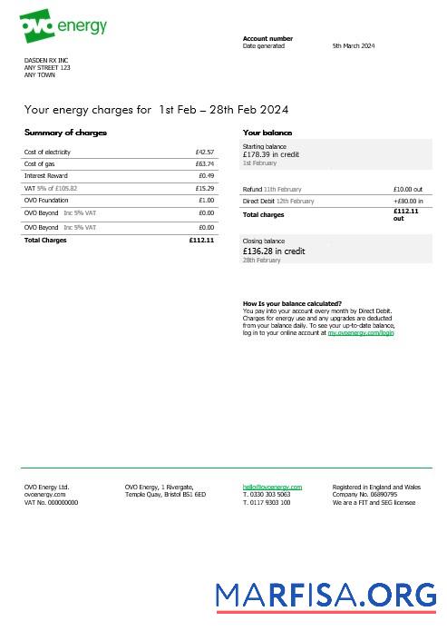 Downloadable United Kingdom Ovo Energy electricity business utility bill, Word and PDF template